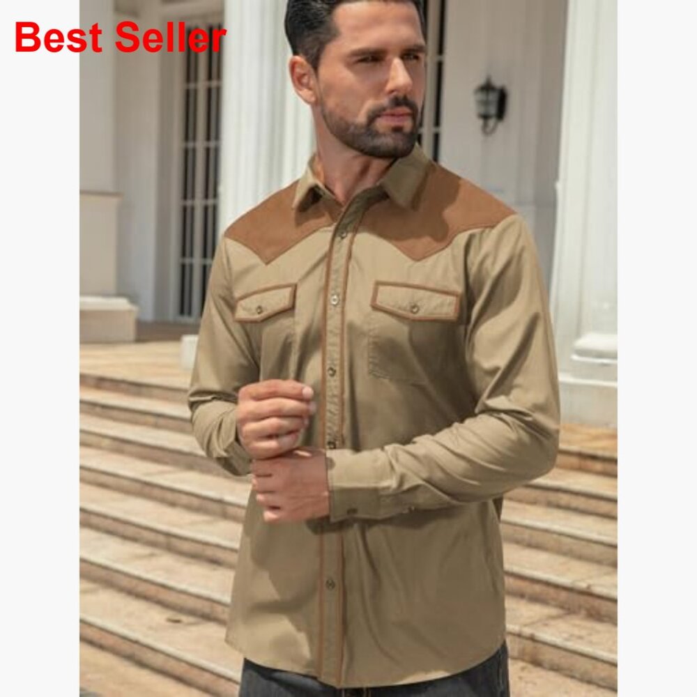 Men's Cowboy Shirt Long Sleeve Button Down Western Vintage Denim - Picture 2 of 7